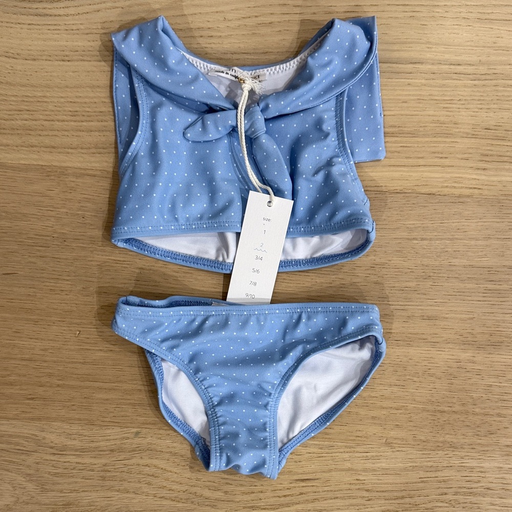 Girls Light Blue Polka Dot Swim Bikini Set with Tie-Front Top